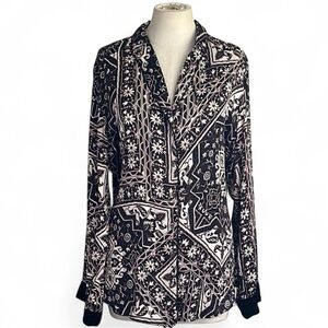 Johnny Was WORKSHOP Ophelia Velvet Trim SILK Mix Patterned Blouse SZ Large NWT
